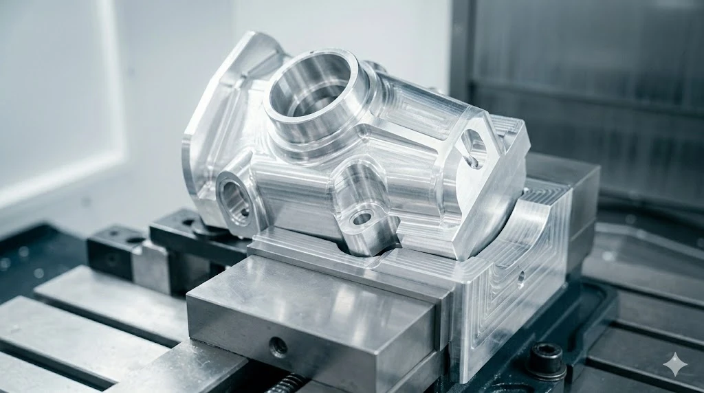 Precision aluminum component clamped in custom-machined soft jaws to prevent deformation during CNC milling Precision aluminum component clamped in custom-machined soft jaws to prevent deformation during CNC milling